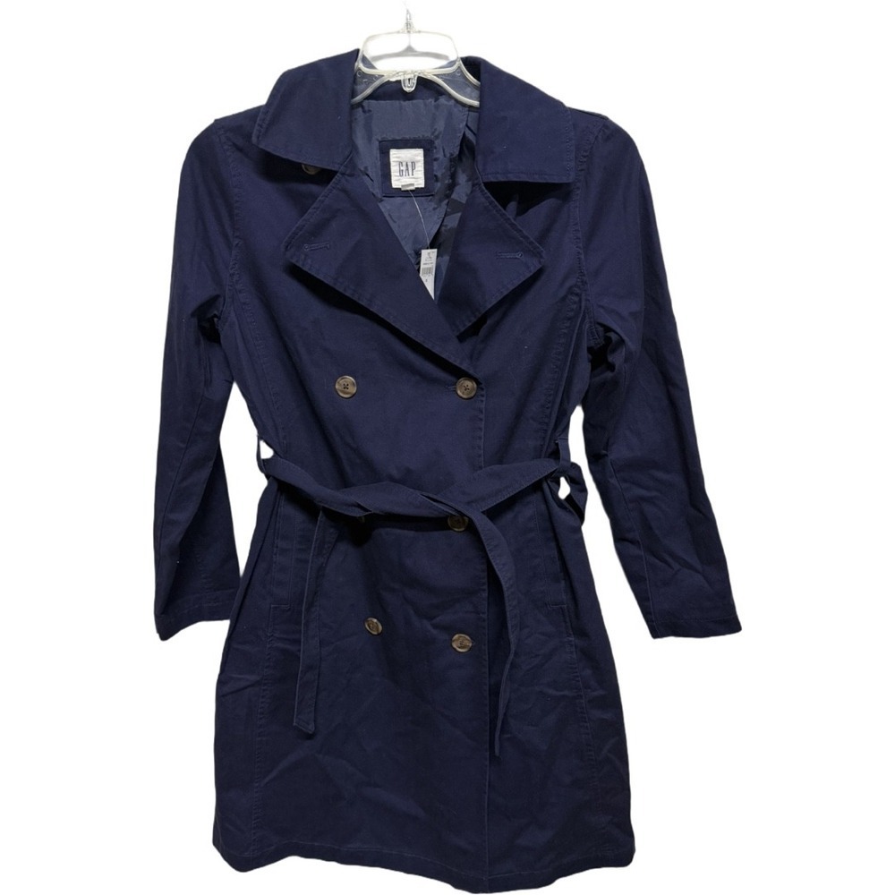 Navy Blue Trench Coat Women's Cotton Lined Medium Length Size Small Timeless NWT